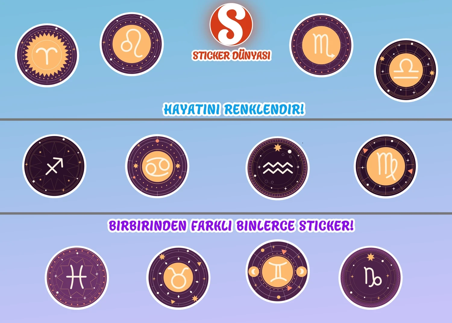 Yuvarlak Astroloji ve Burç Desenli Yaratıcı Sticker Koleksiyonu (Burçlar2) görsel 4